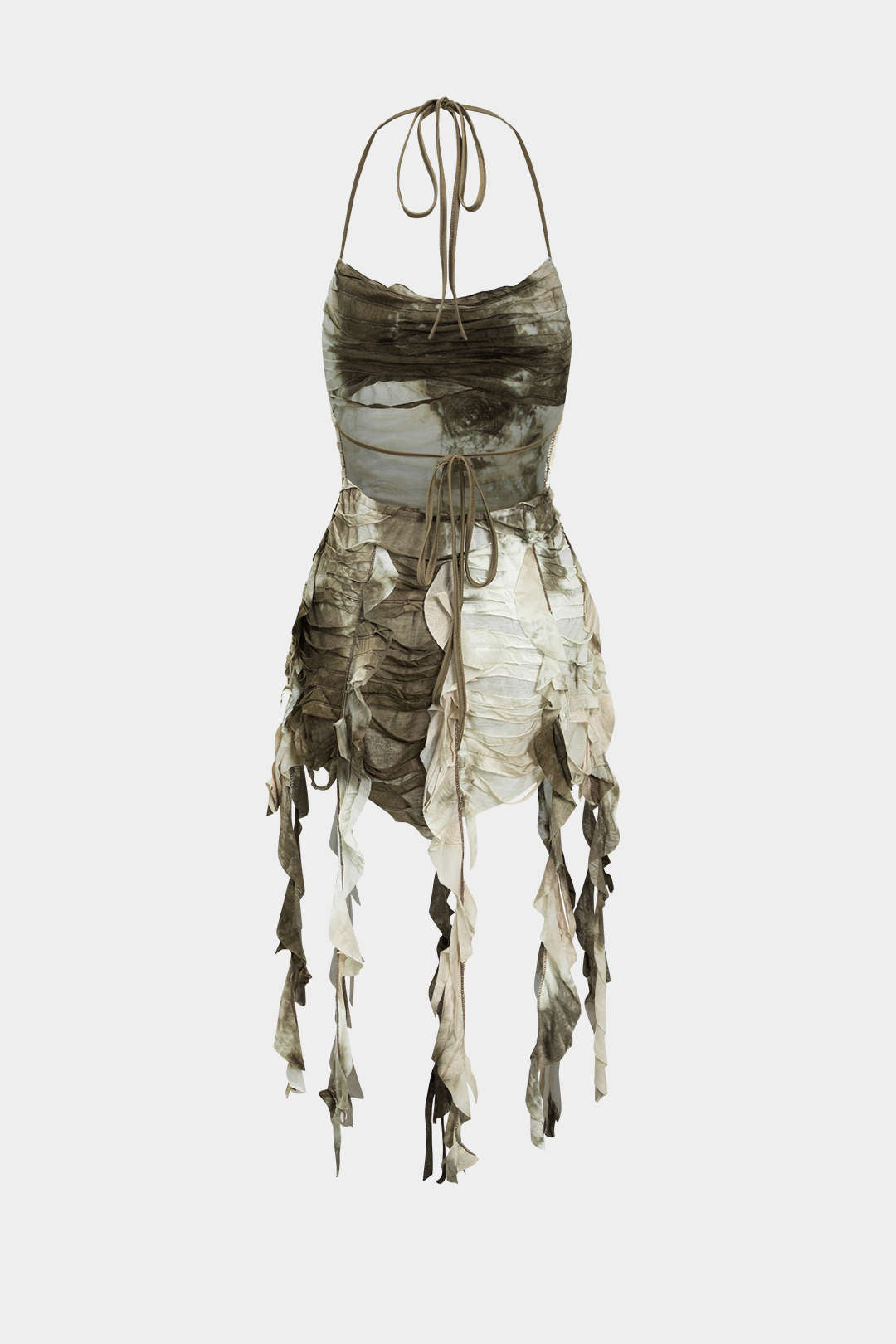 Tie Dye Print Fringe Tie Back Mini Dress