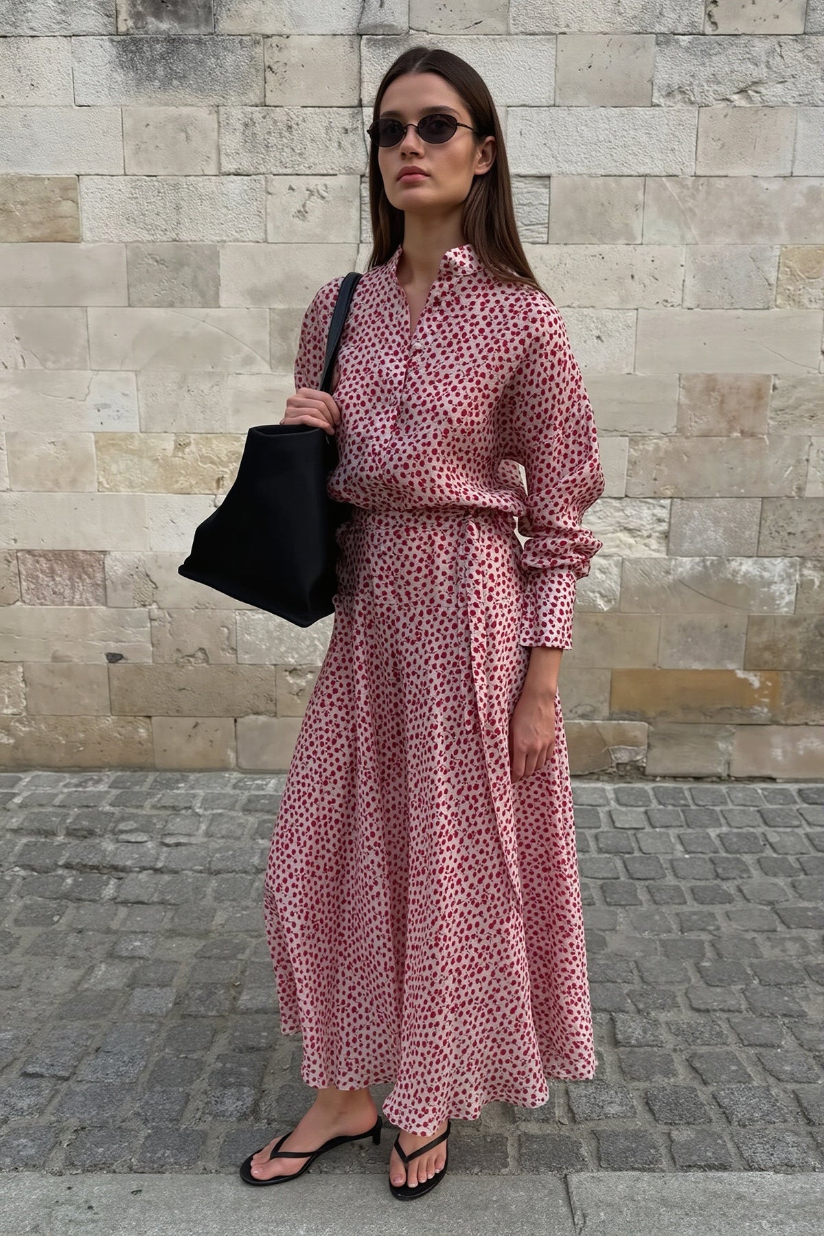 Spot Print Long Sleeve Tiered Shirt Maxi Dress