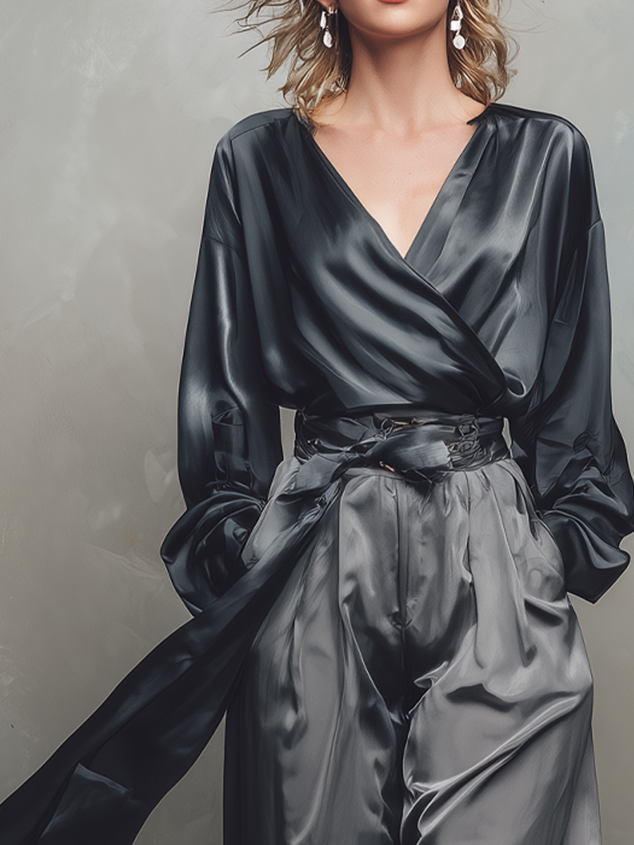 Retro Crossover Neck Blouse And Wide Leg Pants Set - Fashionpara