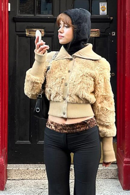 Faux Fur Patchwork Collar Coat - Fashionpara