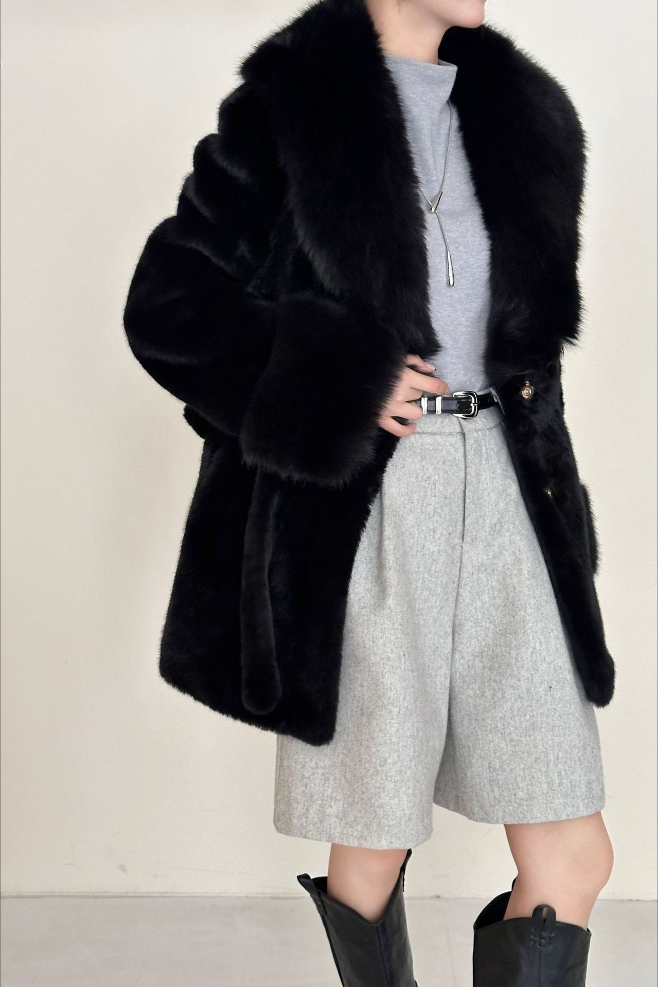Faux Animal Fur Suede Mid-Length Notch Collar Tie Waist Coat