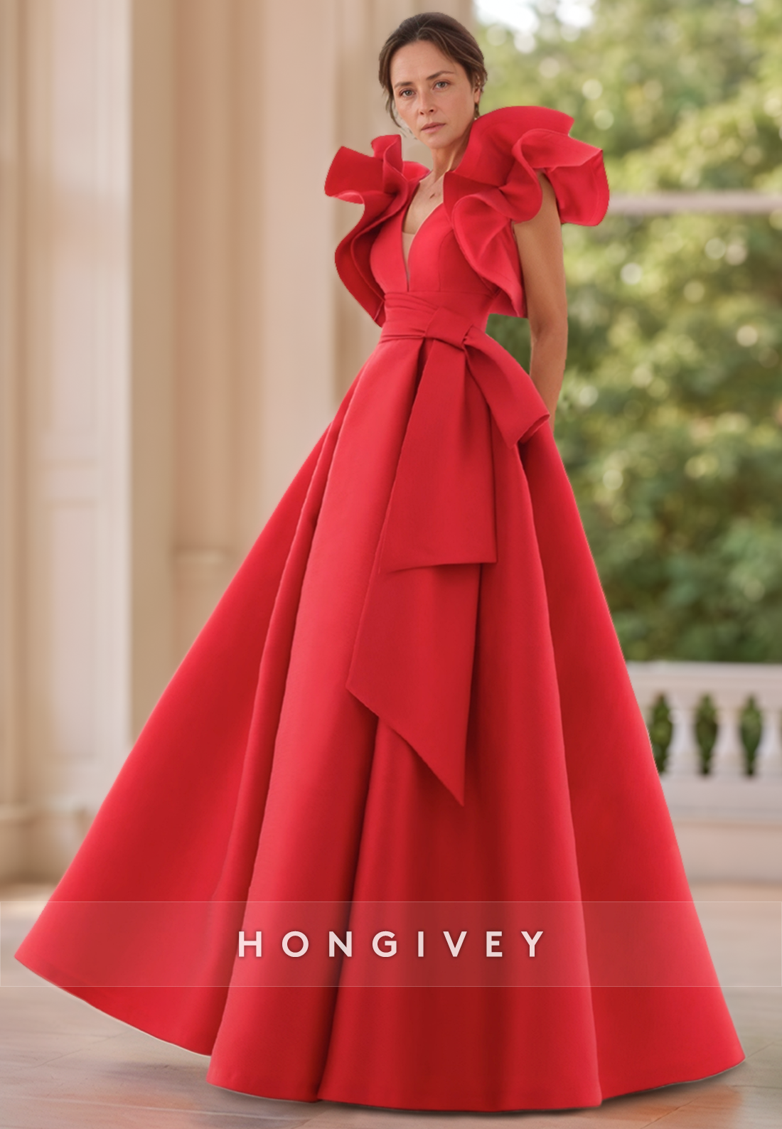 A Line V Neck Ruffles Red Mother of the Bride Dress with Pockets Long Formal Evening Dress
