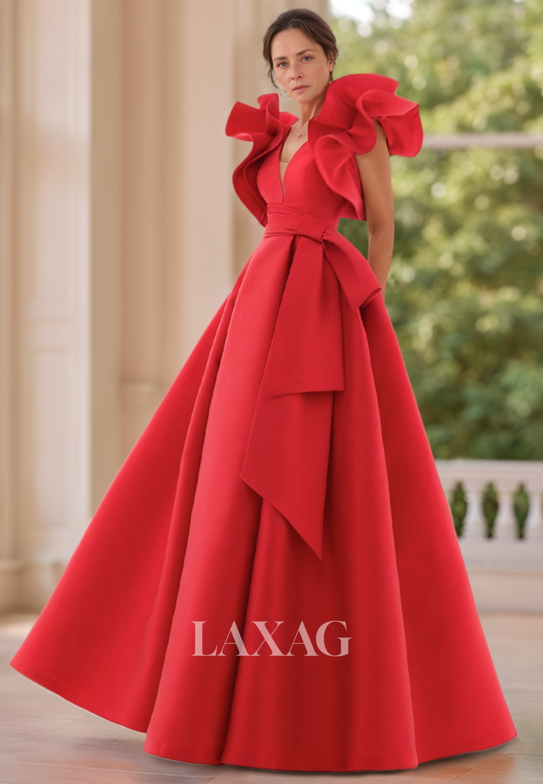 A-Line Deep V-Neck Floor-Length Mother of the Bride Dress Ruffled-Straps Sleeveless Pleated Satin Cocktail Gowns