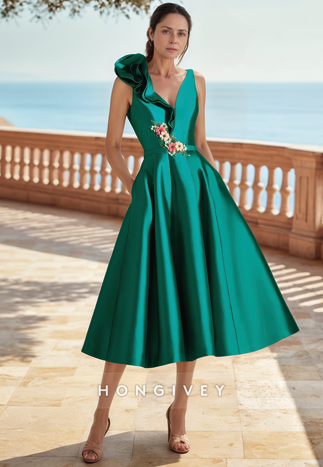 A Line V Neck Embroidery Green Satin Short Mother of the Bride Dress with Pockets Cocktail Dress