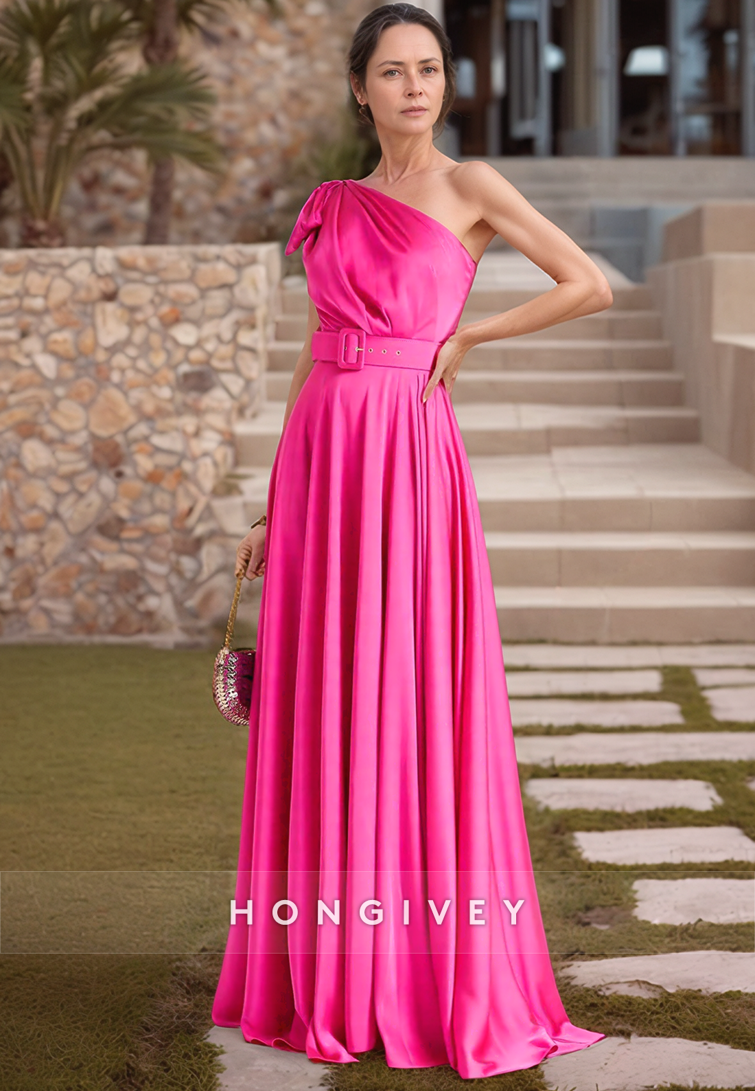 A Line One Shoulder Satin Pleats Fuchsia Elegant Mother of the Bride Dress Long Formal Evewning Dress
