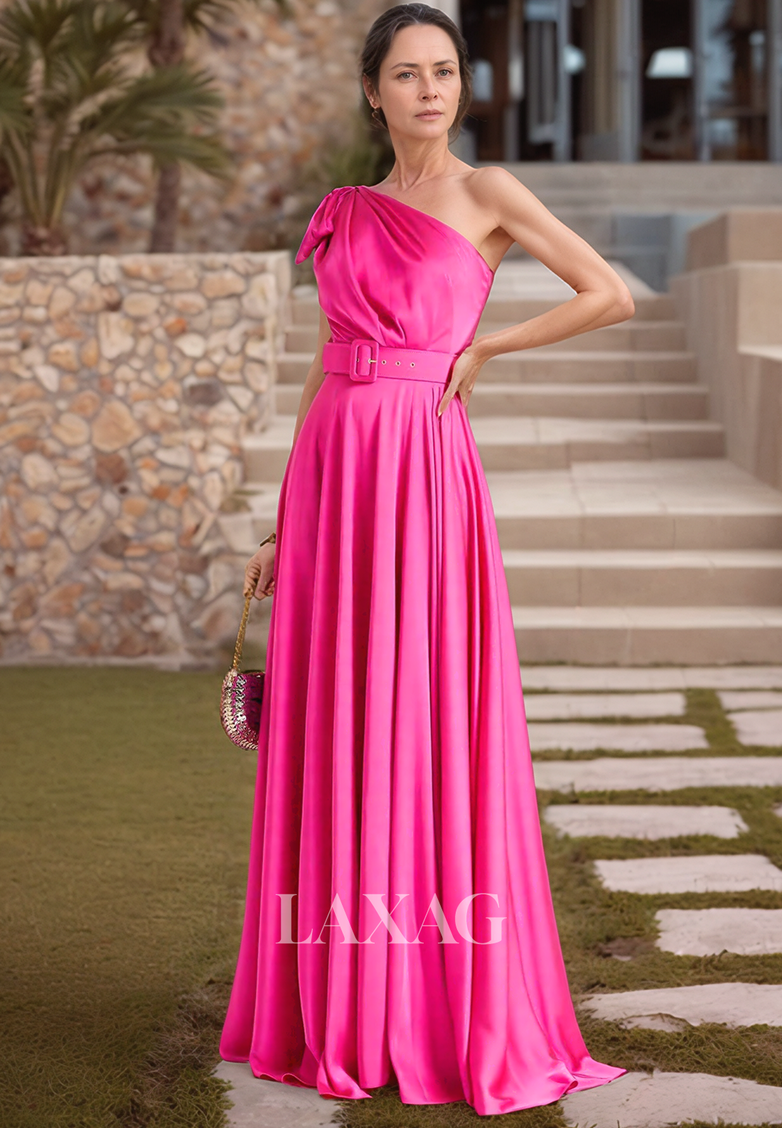 Asymmetrical-Neck Off-Shoulder Sleeveless Pleated Floor-Length Satin Fitted Mother of the Bride Dress