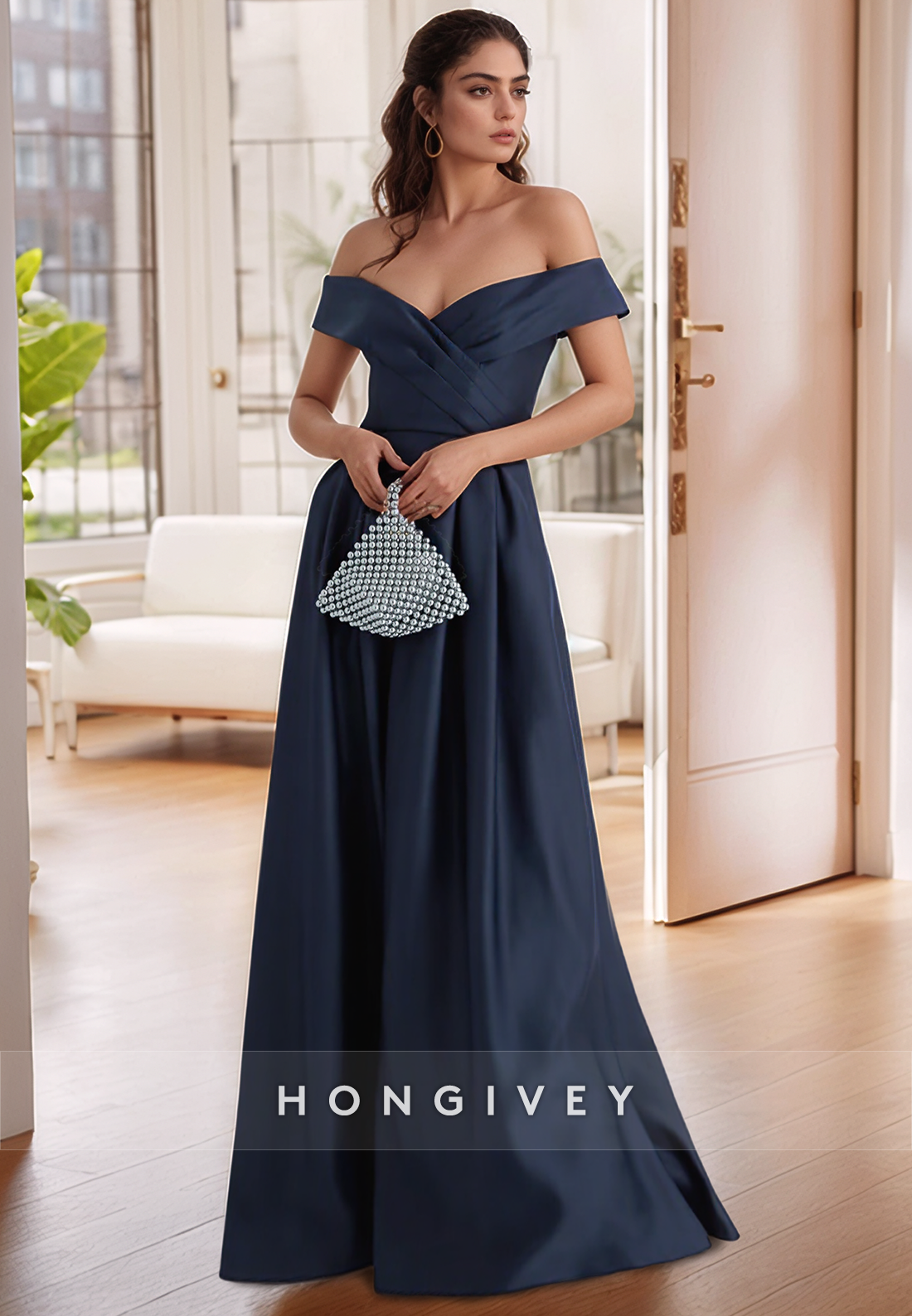 A Line Off Shoulder Pleats Navy Mother of the Bride Dress Long Evening Formal Dress