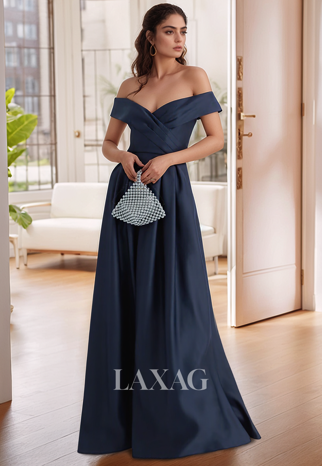 V-Neck Pleated Satin A-Line Mother of the Bride Dress Off-Shoulder Sleeveless Cocktail Gowns