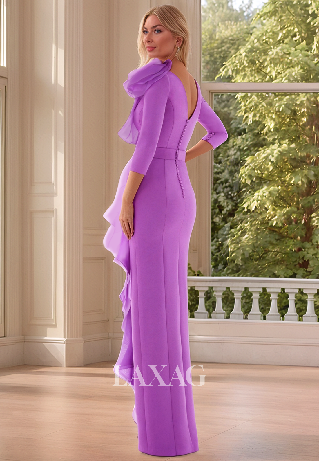 High-Neck 3/4-Sleeves Floor-Length Cocktail Gowns Floral Embossed Chiffon Mermaid Mother of the Bride Dress