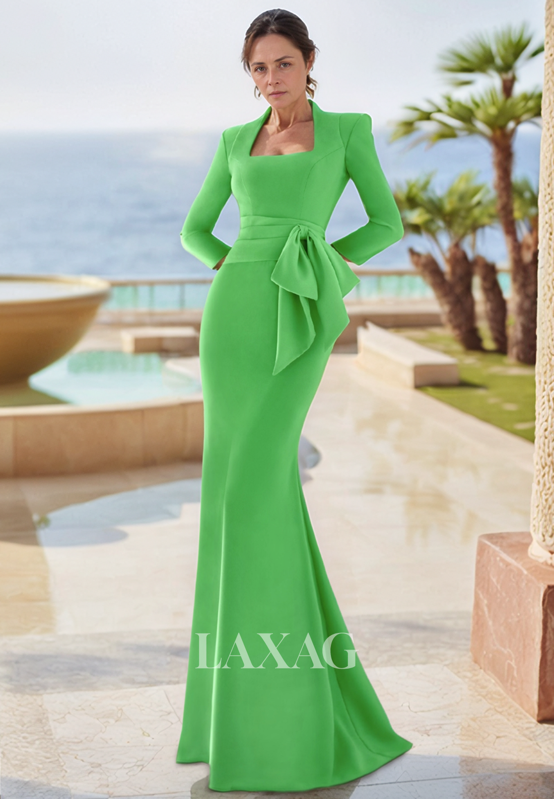 Square-Neck Long-Sleeves Mermaid Mother of the Bride Dress Floor-Length Satin Cocktail Gowns