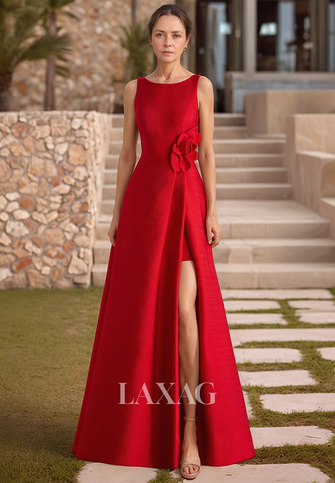 Straps Scoop-Neck Off-Shoulder Sleeveless Floral Embellished Floor-Length Satin Mother of the Bride Dress