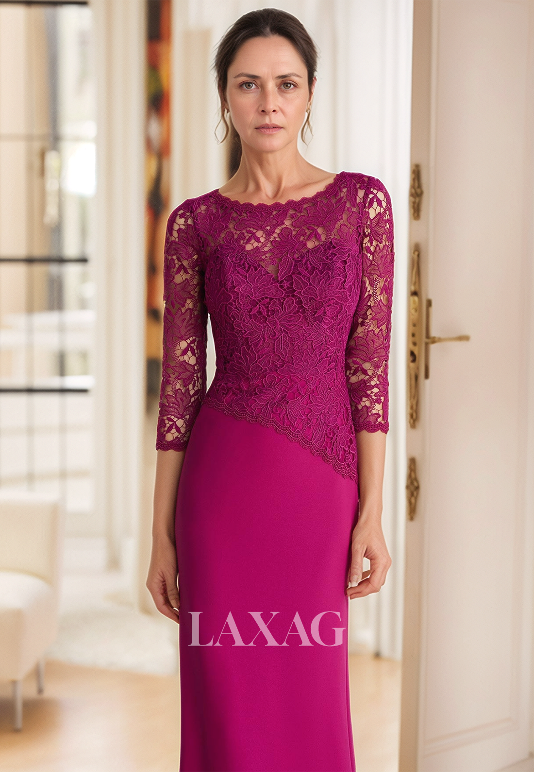3/4-Sleeves Lace Applique Satin Cocktail Gowns Scoop-Neck Floor-Length Mermaid Mother of the Bride Dress