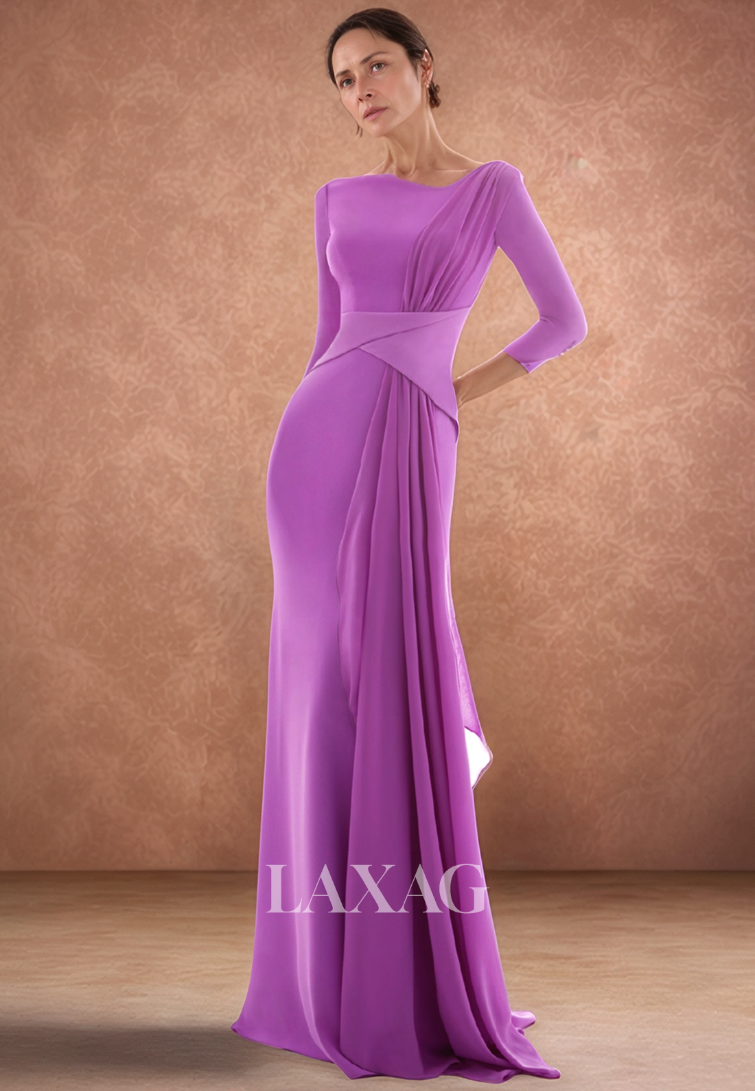 Bateau-Neck 3/4-Sleeves Floor-Length Pleated Chiffon Mermaid Mother of the Bride Dress