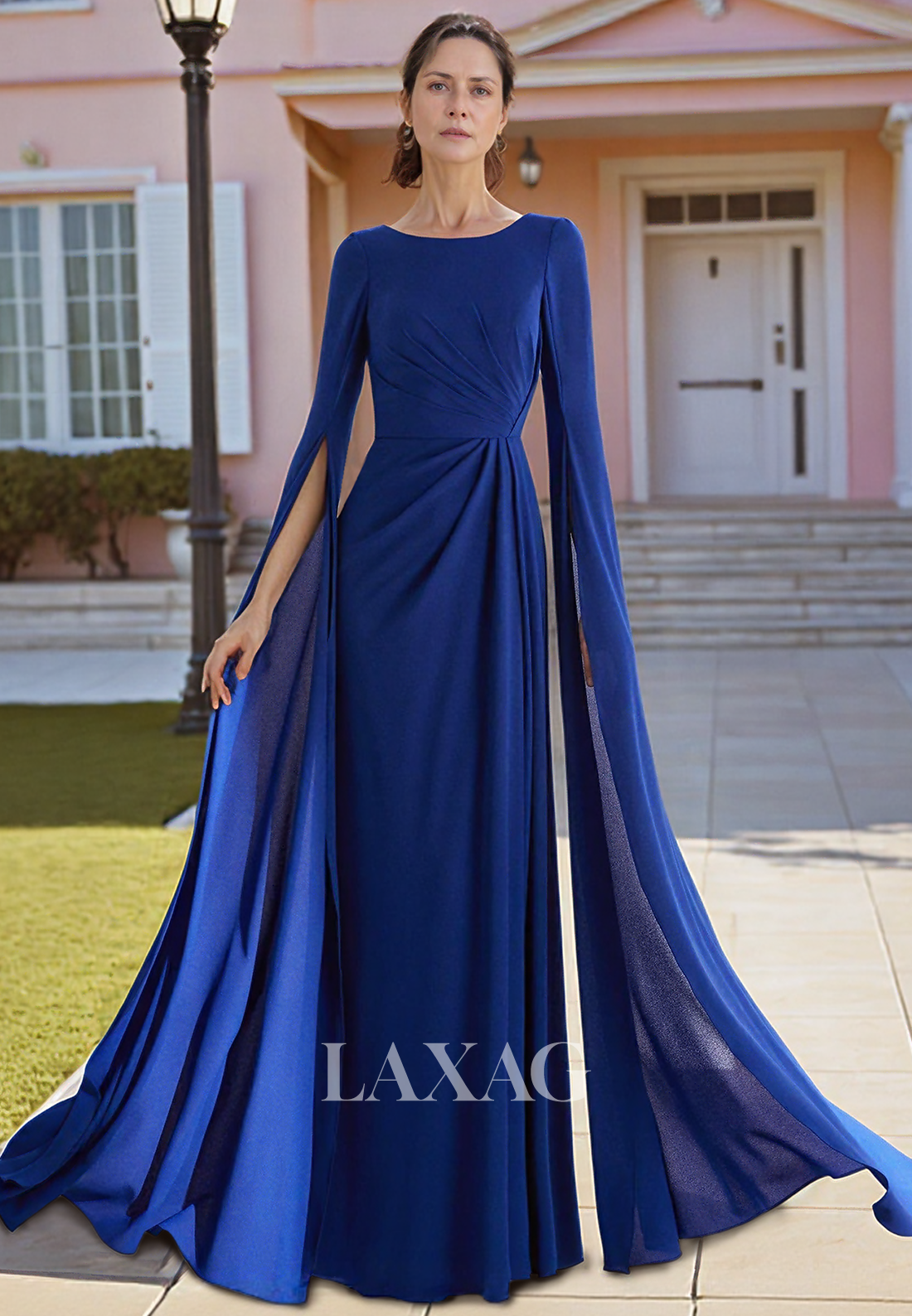 Scoop-Neck Long-Sleeves Fitted Mother of the Bride Dress Pleated Floor-Length Chiffon Cocktail Gowns