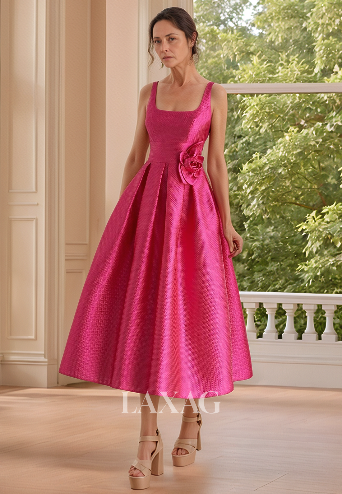 Square-Neck Straps Off-Shoulder Cocktail Gowns Sleeveless Pleated Midi A-Line Mother of the Bride Dress