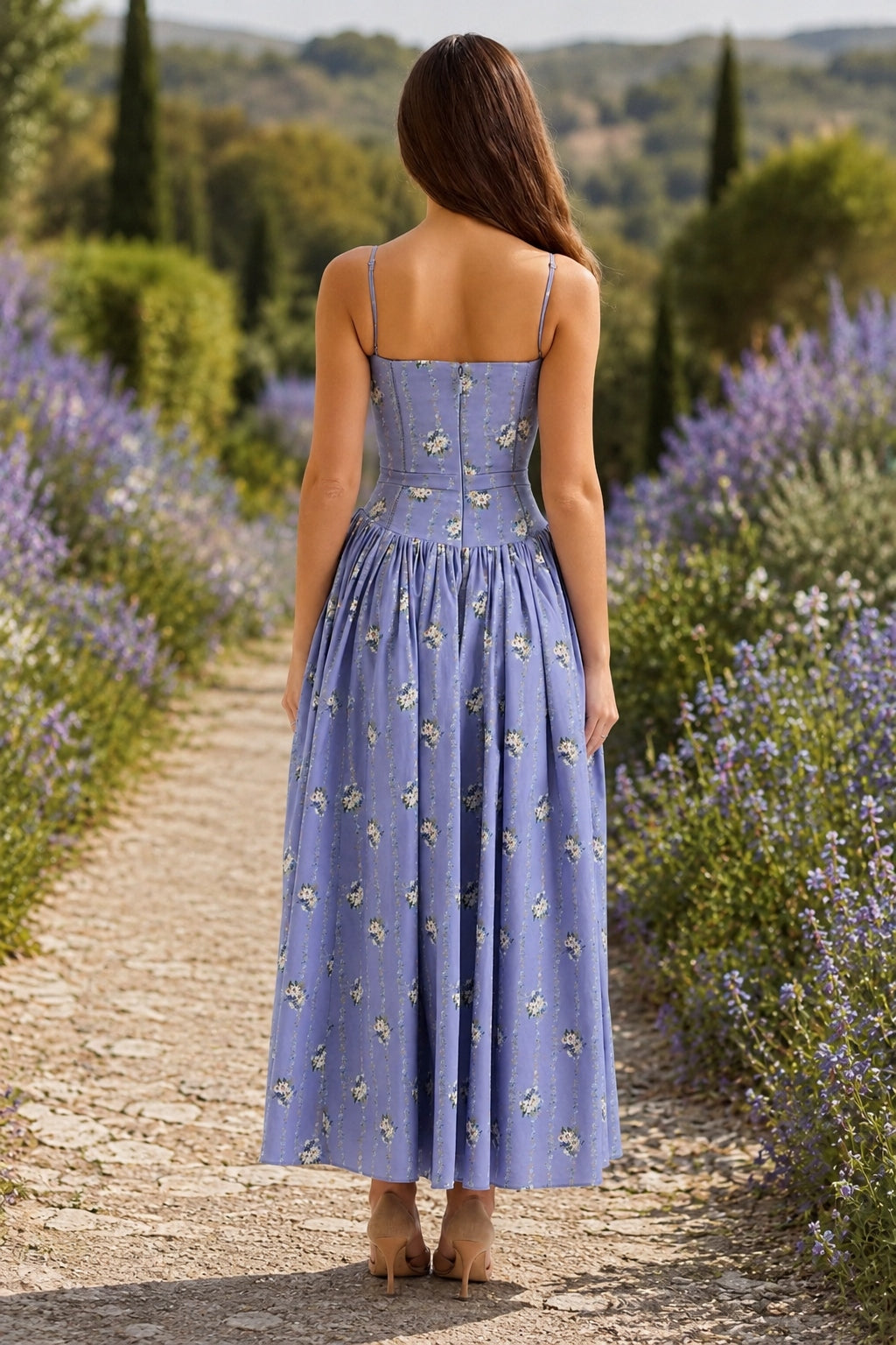 Square Neck Floral Corset Bodice Full Skirt Midi Dress 14