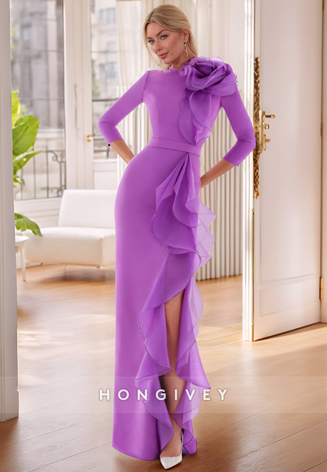 Sheath Ruffles Side Slit Lavender Mother of the Dress with 3/4 Sleeves