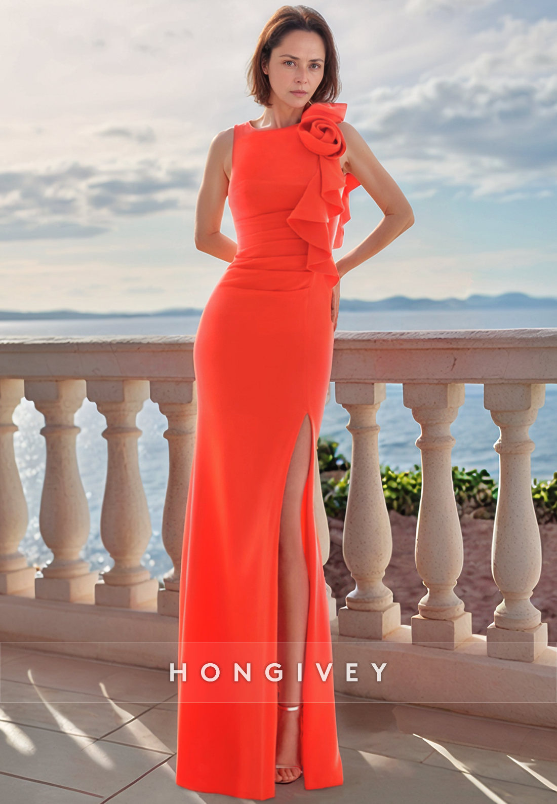 Sheath Bateau Flower Side Slit Red Mother of the Bride Dress Long Evening Dress