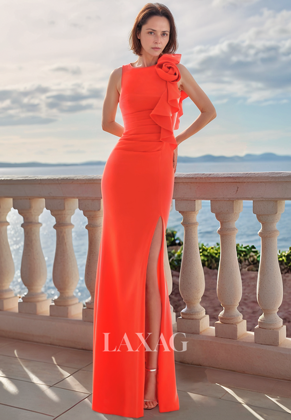 Scoop-Neck Sleeveless Floor-Length Mermaid Mother of the Bride Dress Pleated High Slit Satin Cocktail Gowns