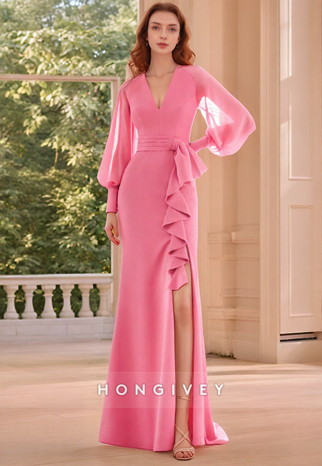 Sheath V Neck Long Sleeves Pink Mother of the Bride Dress with Slit Long Formal Evening Dress