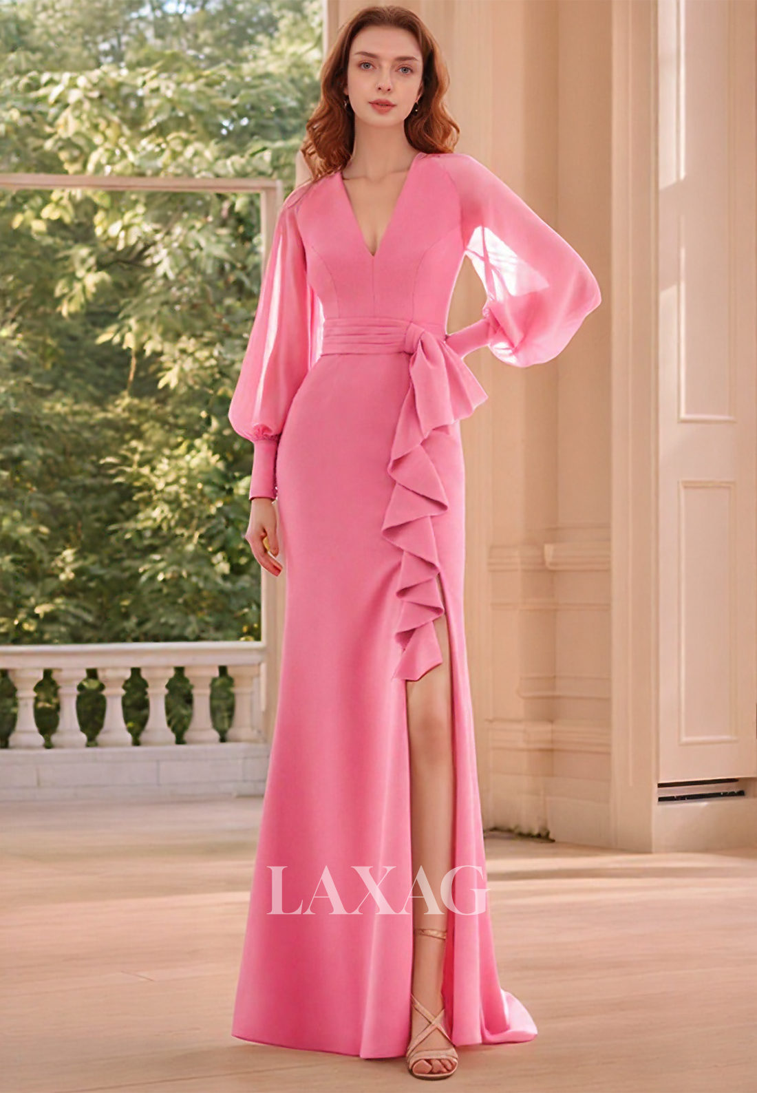 V-Neck Long-Sleeves Pleated Floor-Length Chiffon Mermaid Mother of the Bride Dress with High Slit