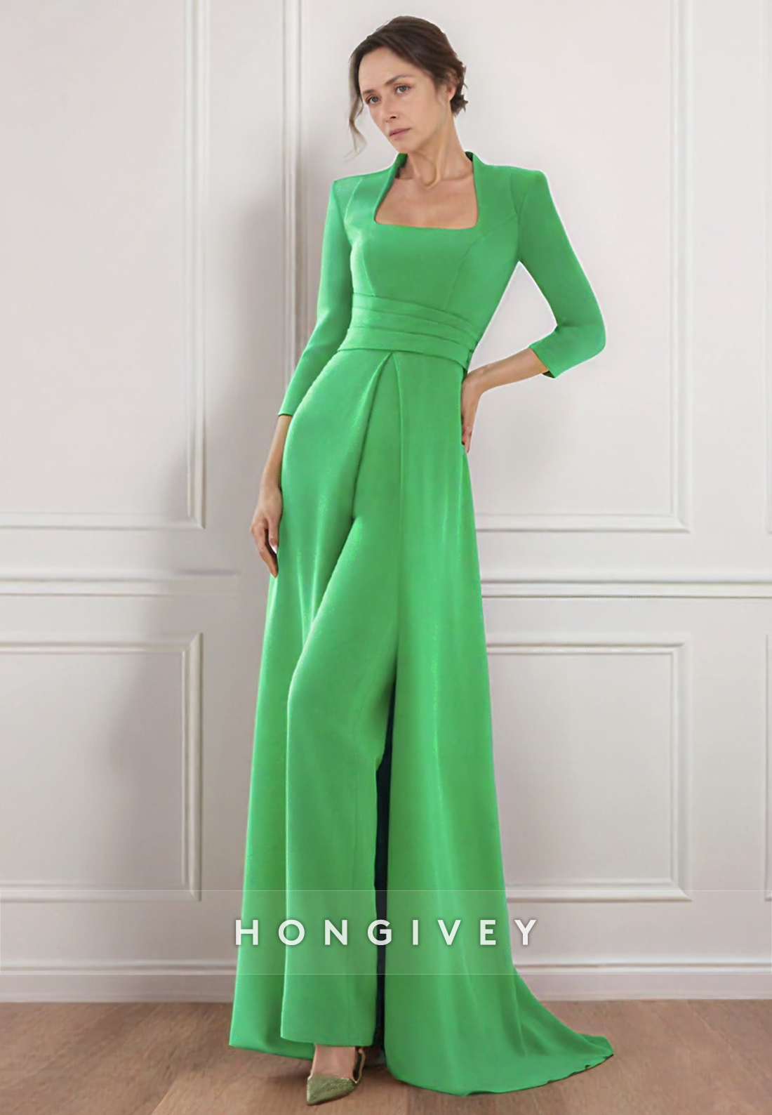 Jumpsuit Square 3/4 Sleeves Green Mother of the Bride Dress Long Formal Evening Dress