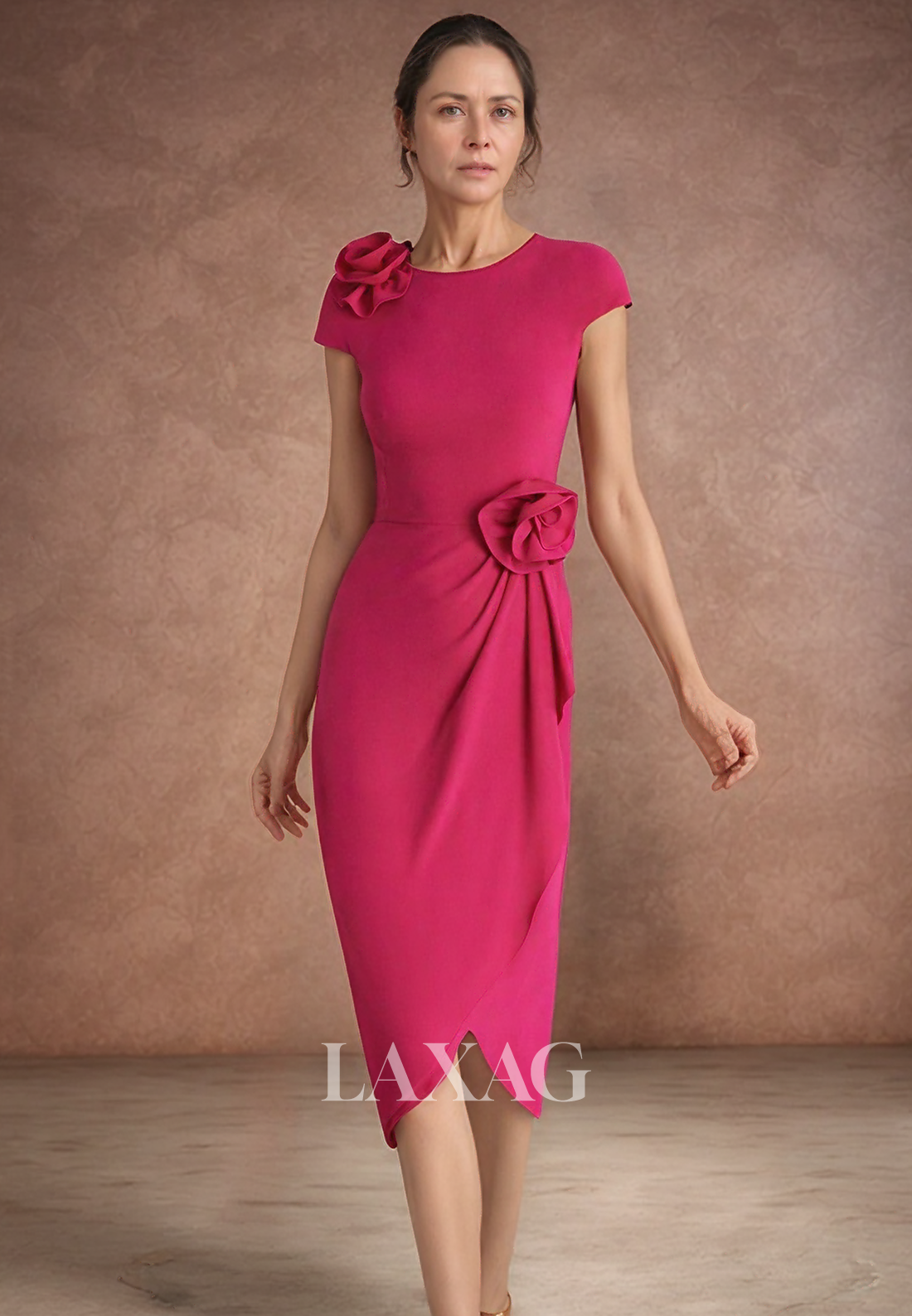 Scoop-Neck Cap-Sleeves Midi Mermaid Mother of the Bride Dress Floral Embellished Pleated Cocktail Gowns