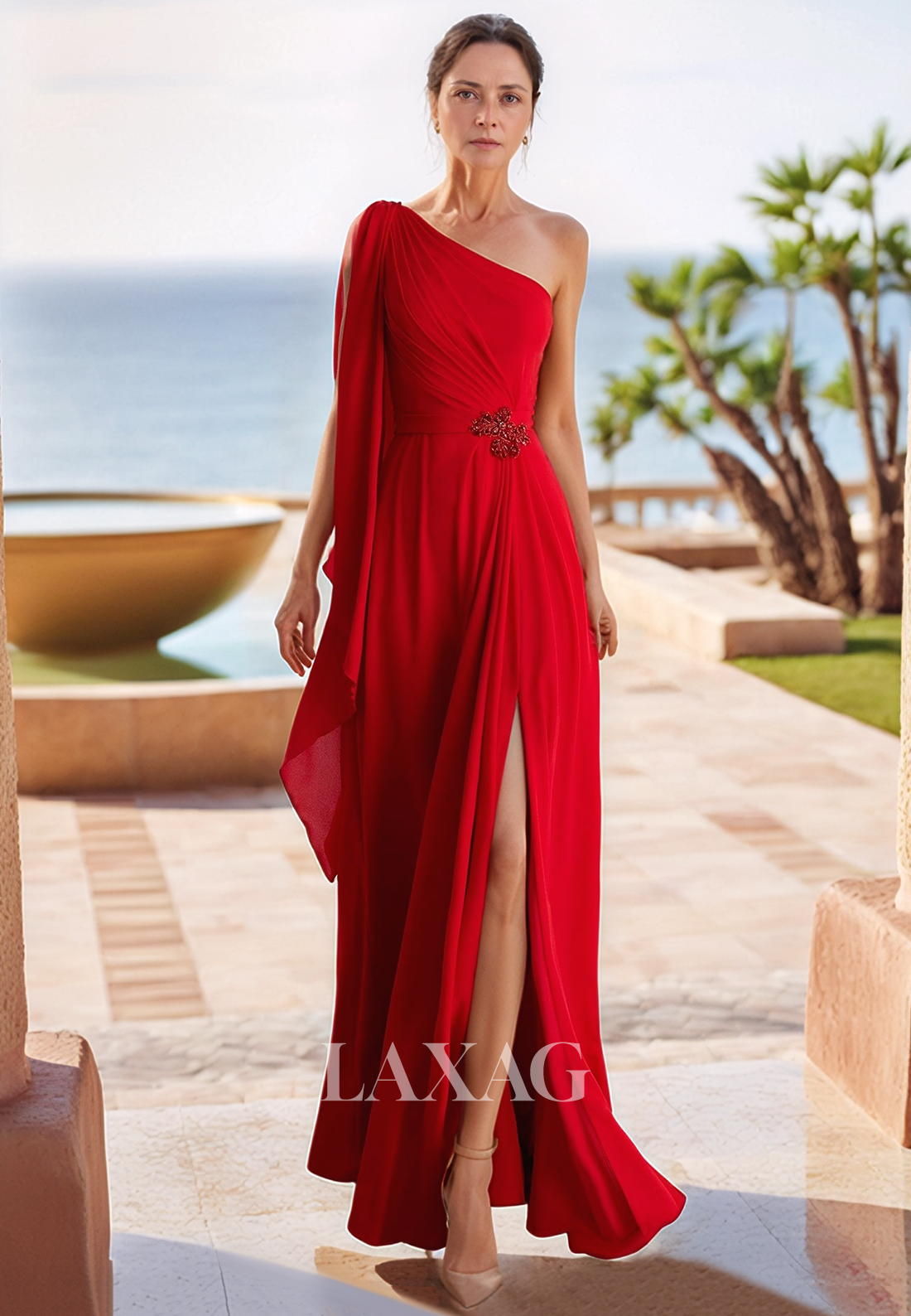 Asymmetrical-Neck Sleeveless Fitted Mother of the Bride Gowns Beaded Pleated Floor-Length Cocktail Gowns