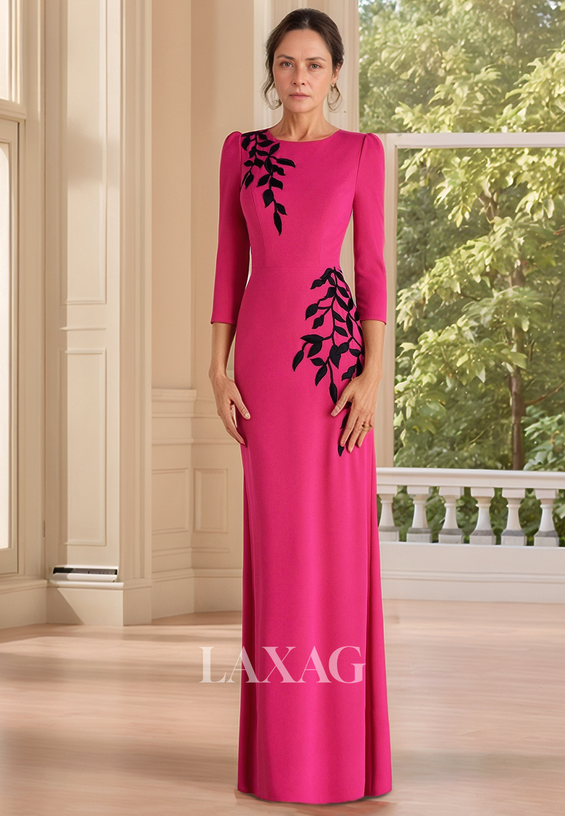 Scoop-Neck 3/4 Sleeves Foliage Motif Applique Floor-Length Mermaid Mother of the Bride Gowns