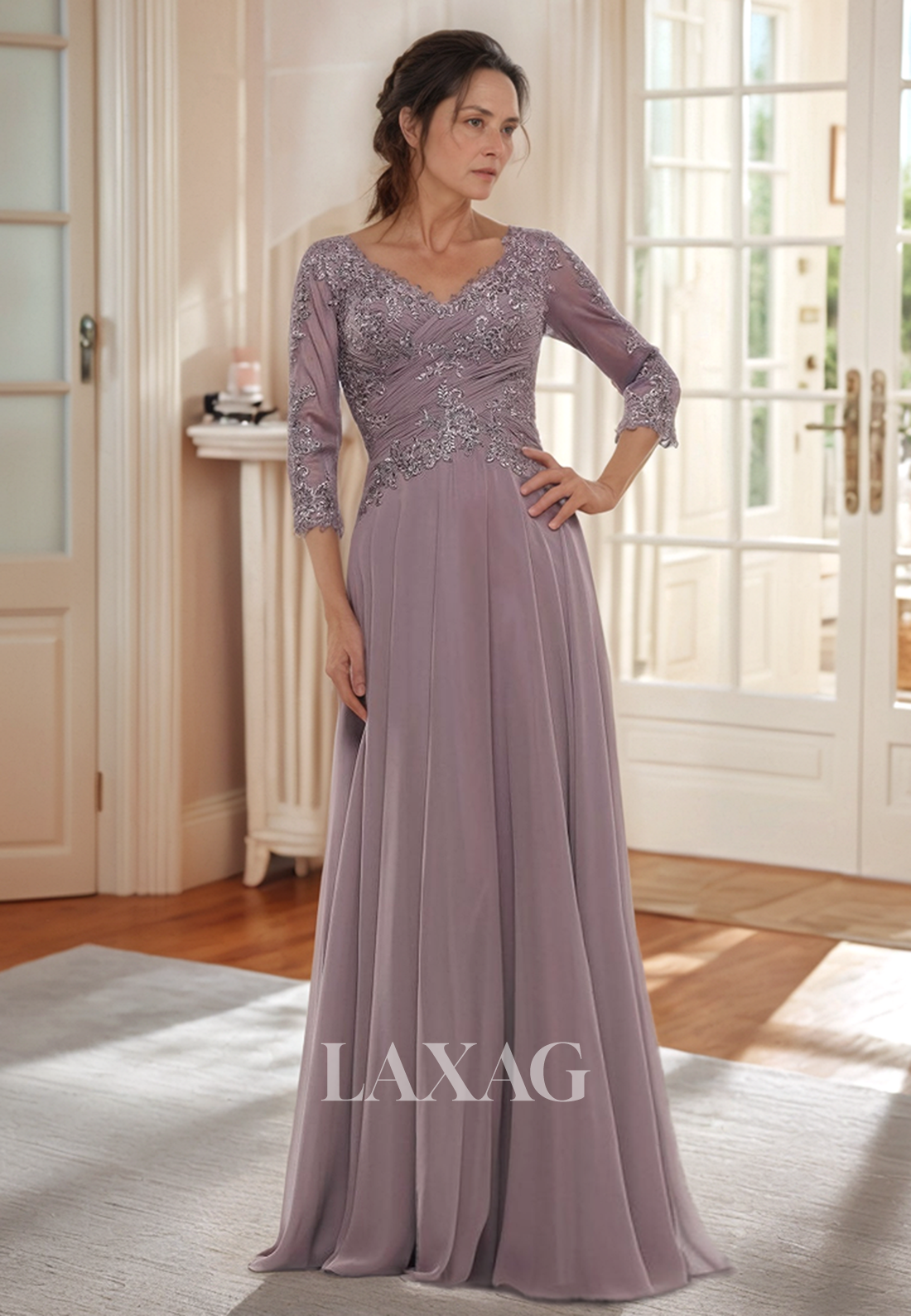 V-Neck 3/4 Sleeves A-Line Mother of the Bride Gowns Applique Pleated Floor-Length Tulle Cocktail Dress