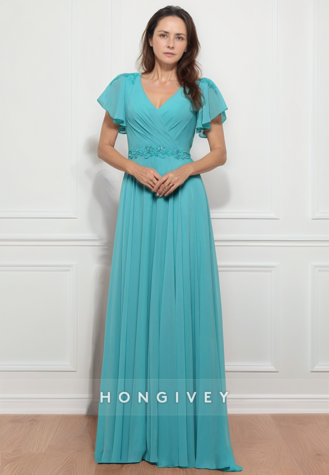 Sheath Floor-Length Chiffon V Neck Pleated Flutter Sleeves Mother of the Bride Dress