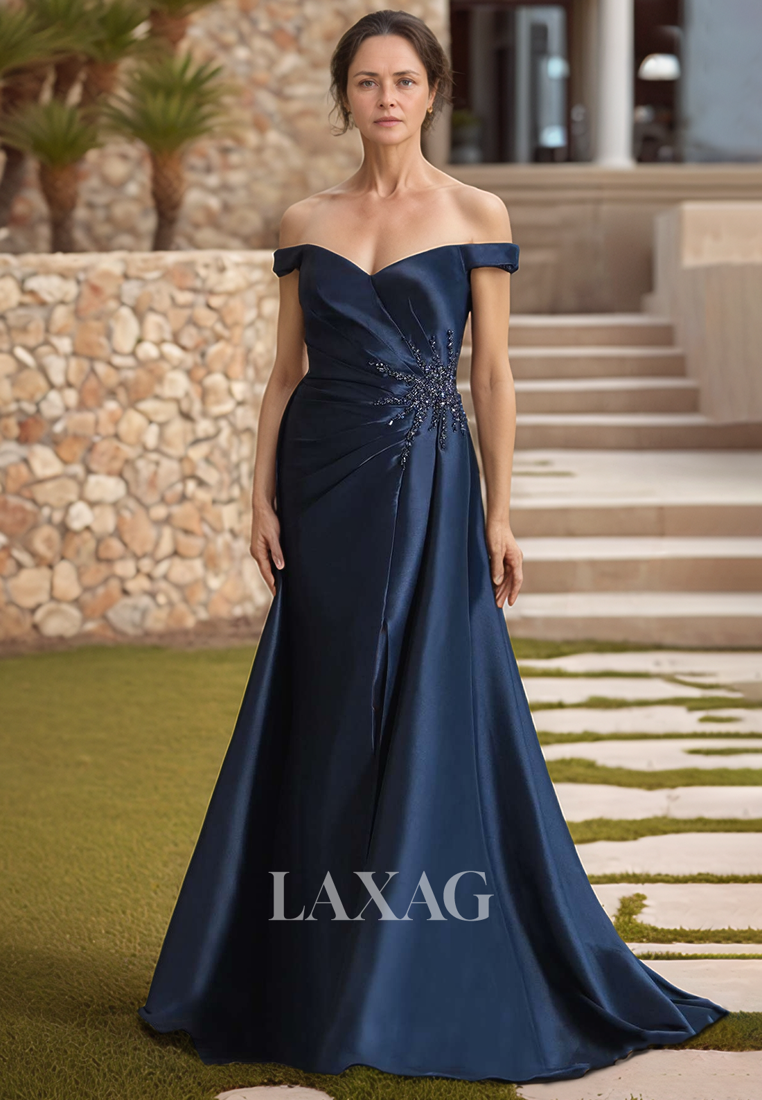Sweetheart Off-Shoulder Sleeveless Cocktail Gowns Beaded Pleated Mermaid Mother of the Bride Dress