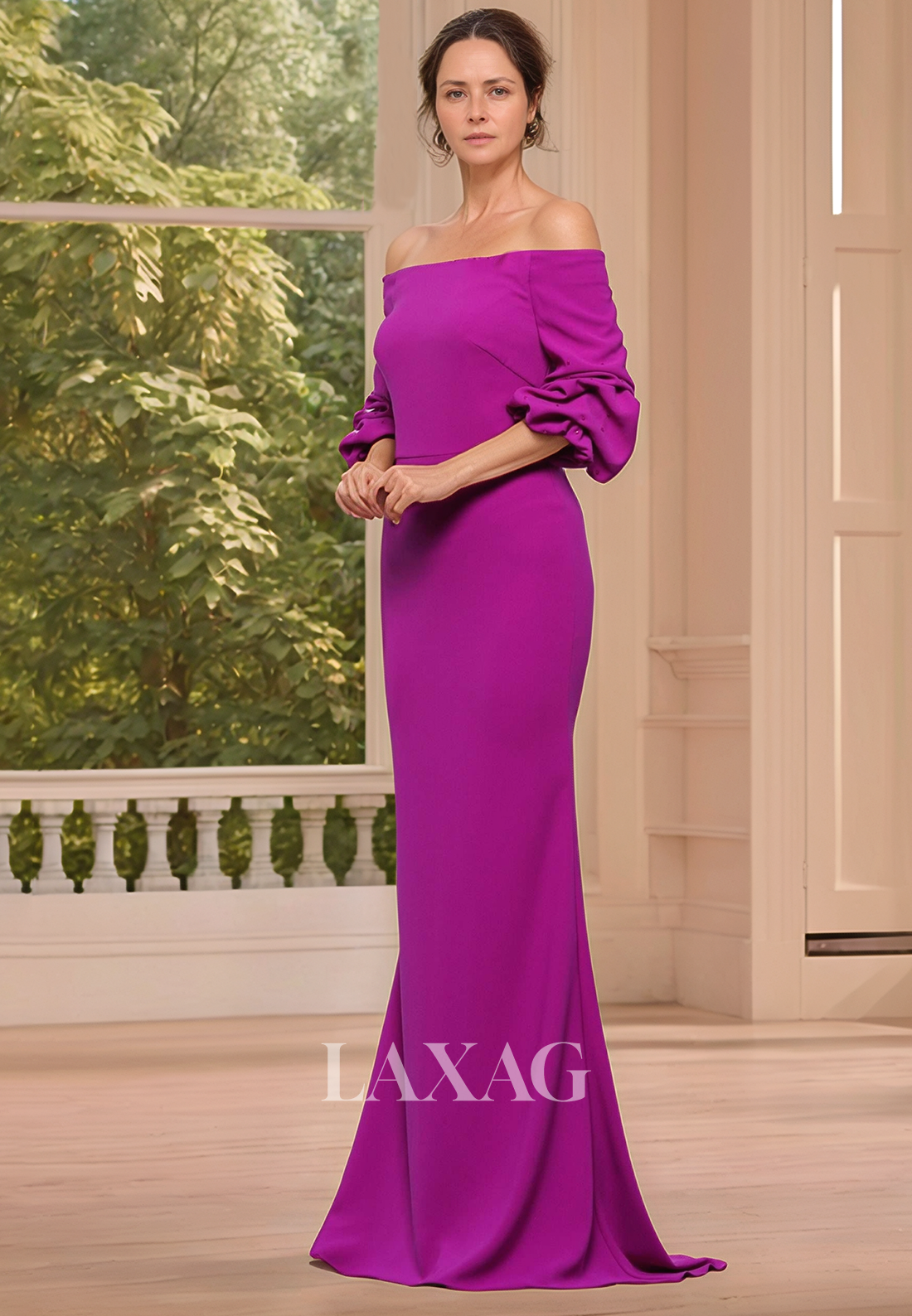 Tube Top Half-Sleeves Off-Shoulder Pleated Floor-Length Satin Mermaid Mother of the Bride Dress