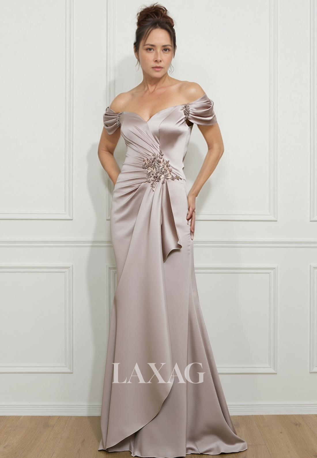 Sweetheart Off-Shoulder Sleeveless Pleated Floor-Length Satin Mermaid Mother of the Bride Dress