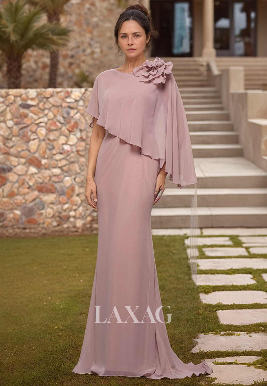 Scoop-Neck Sleeveless Mermaid  Mother of the Bride Dress Pleated Chiffon Cocktail Dress with Overlay