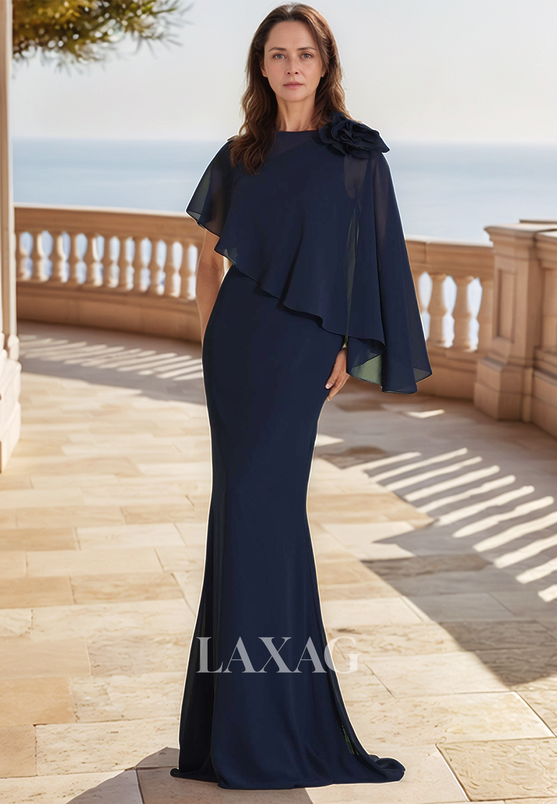 Scoop-Neck Sleeveless Mermaid  Mother of the Bride Dress Pleated Chiffon Cocktail Dress with Overlay