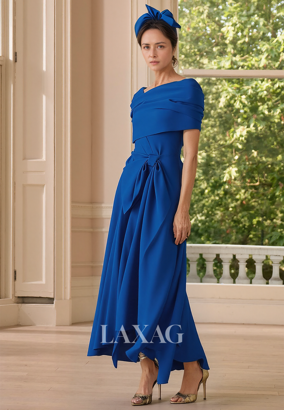 V-Neck Cap-Leeves Pleated Cocktail Gowns Satin Ankle-Length Fitted Mother of the Bride Dress with Bow