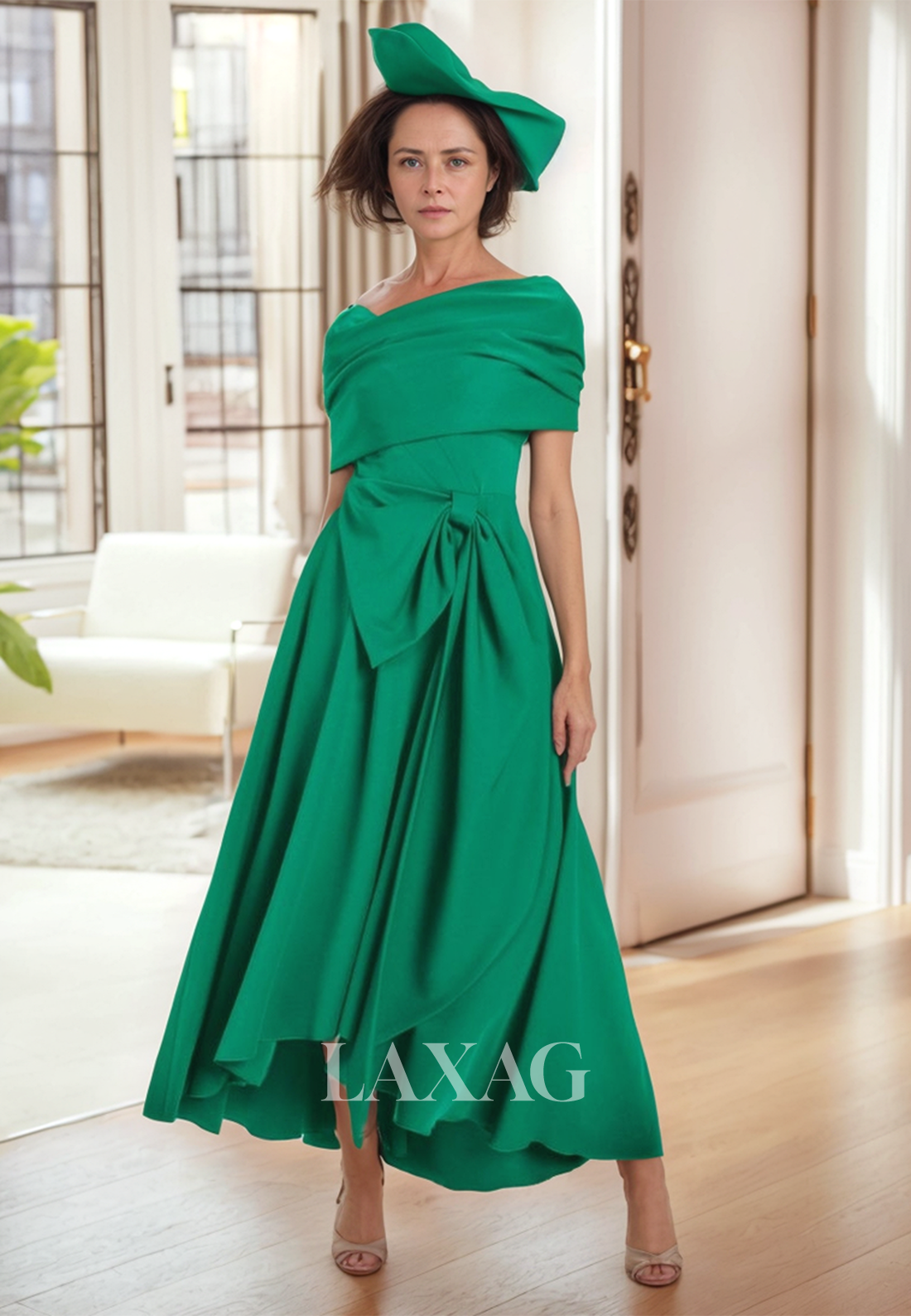 V-Neck Cap-Leeves Pleated Cocktail Gowns Satin Ankle-Length Fitted Mother of the Bride Dress with Bow