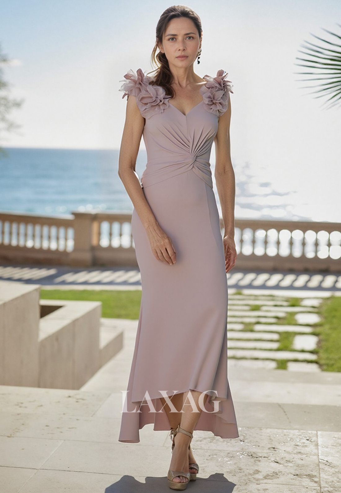 Sleeveless V-Neck Midi Mermaid Mother of the Bride Dress Pleated Chiffon Cocktail Gowns