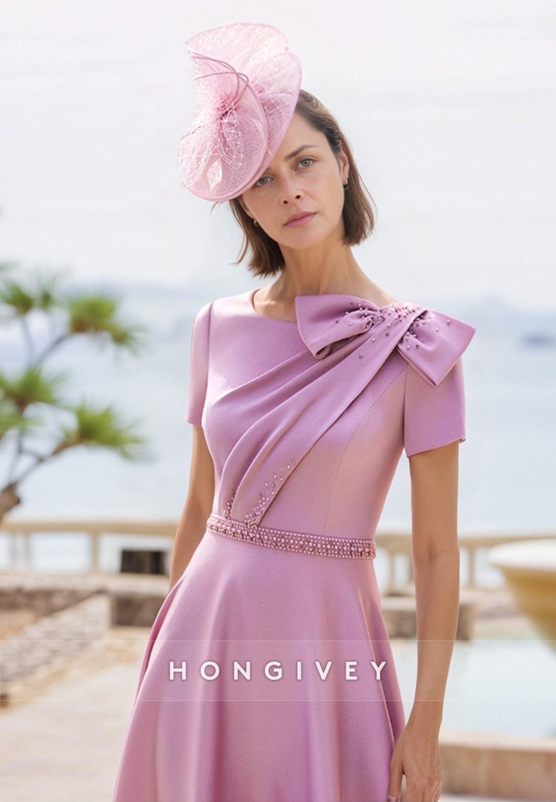 Bowknot A-line Ankle-Length Satin Short Sleeve  Pleated Rhinestone Mother of the Bride Dress