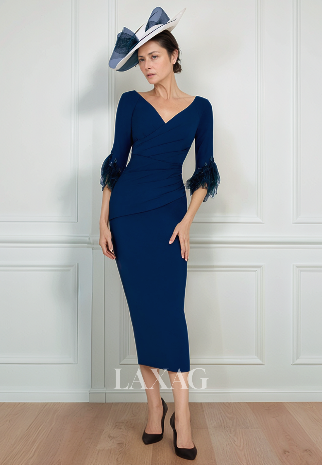 Half-Sleeves Satin Midi Cocktail Gowns V-Neck Pleated Mermaid Mother of the Bride Dress