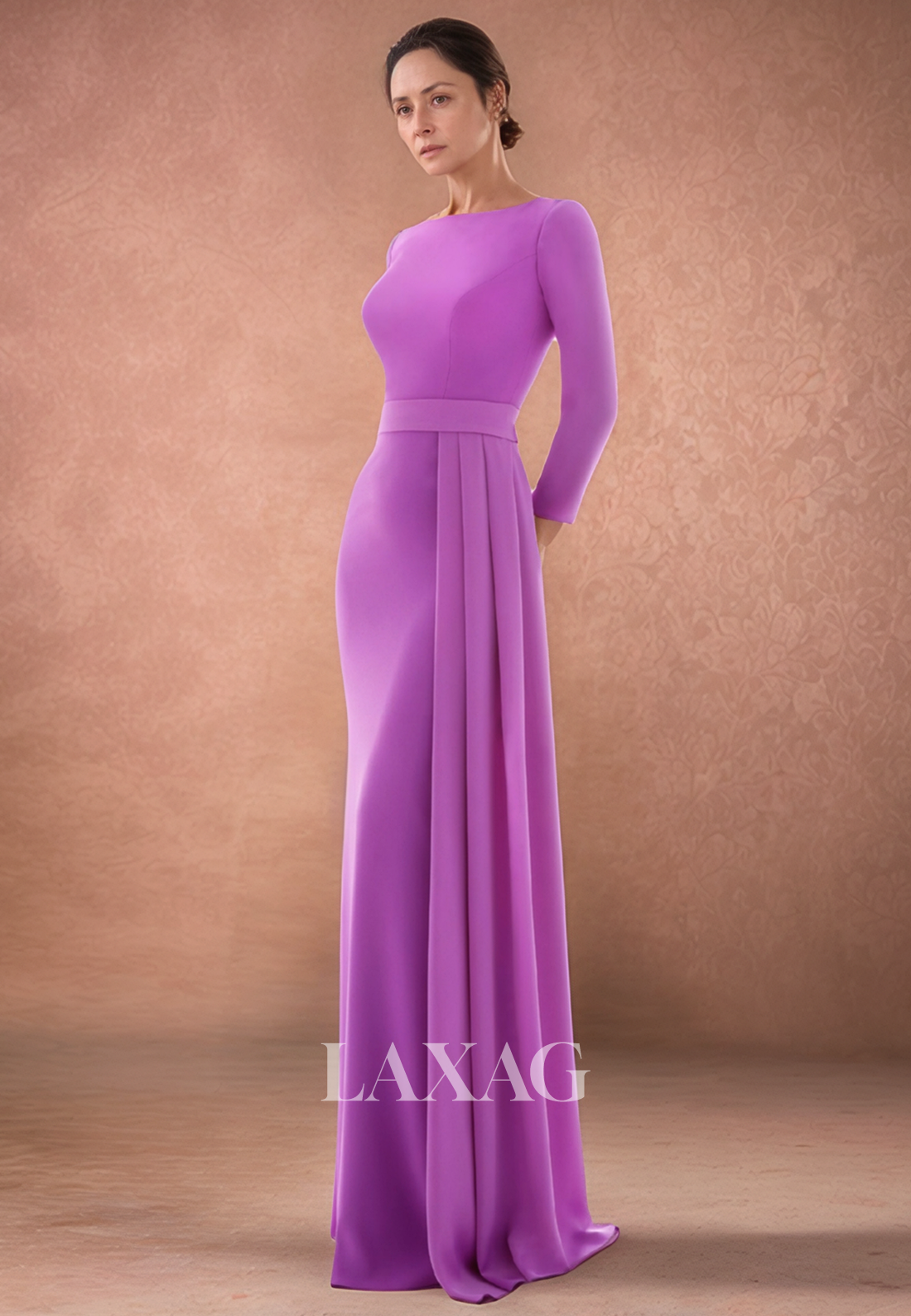 Scoop-Neck Long-Sleeves Pleated Floor-Length Satin Mermaid Mother of the Bride Dress