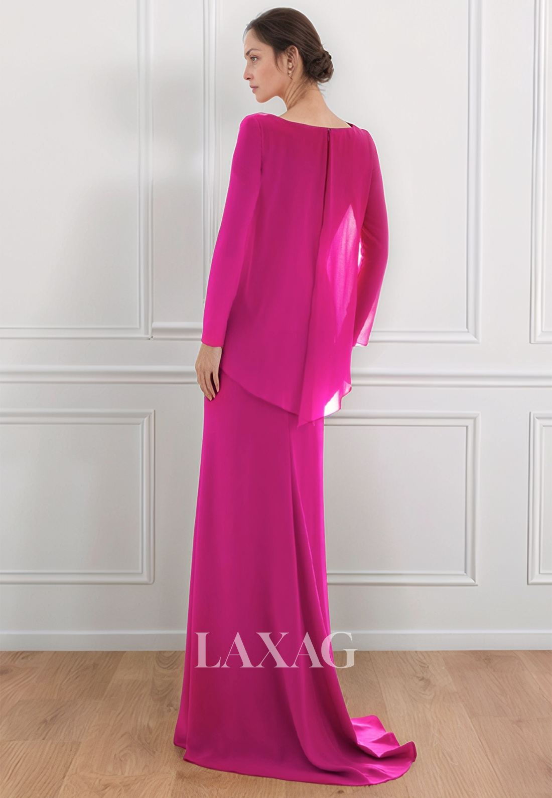 Scoop-Neck Long-Sleeves Cocktail Gowns Floor-Length Chiffon Fitted Mother of the Bride Dress