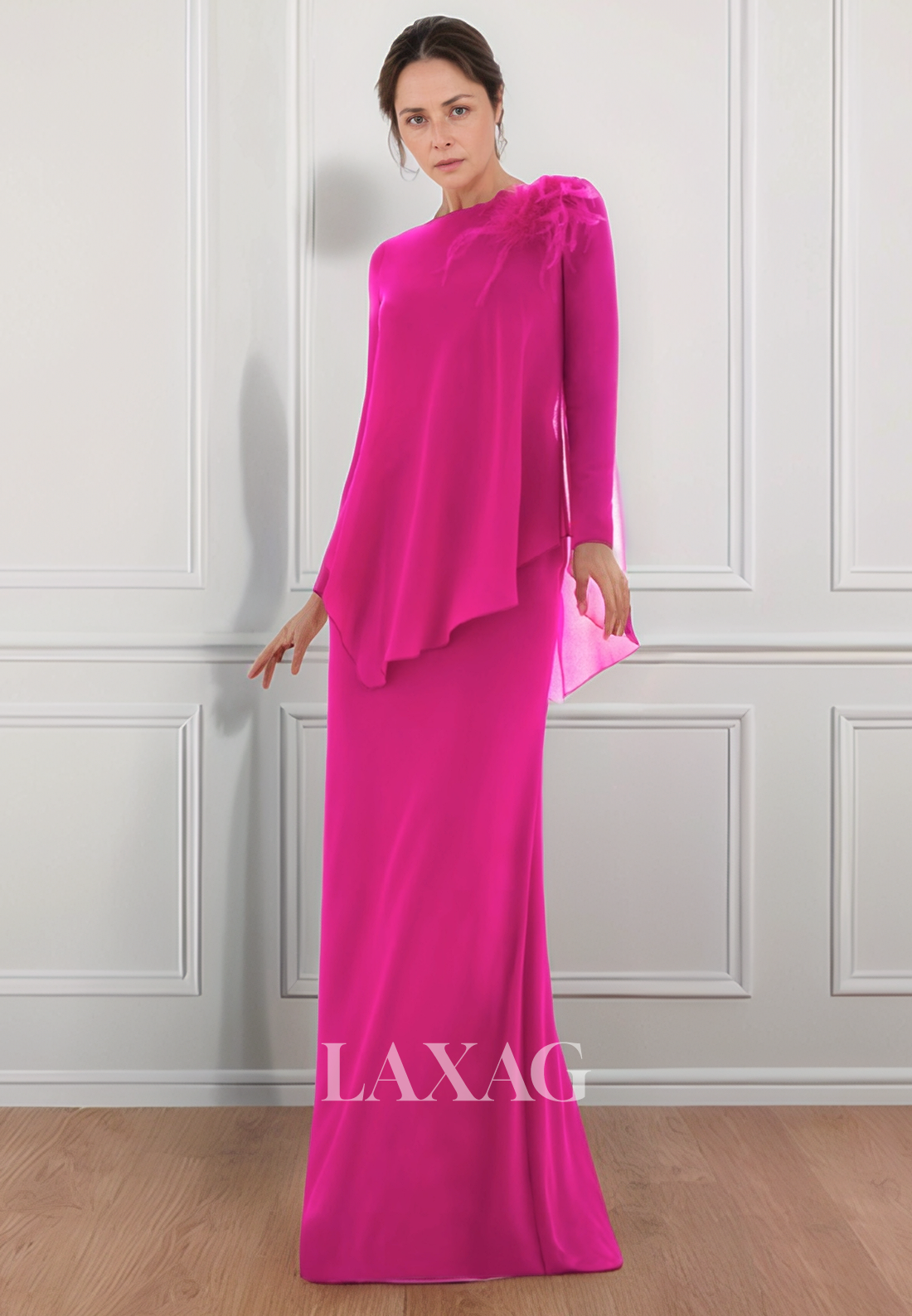 Scoop-Neck Long-Sleeves Cocktail Gowns Floor-Length Chiffon Fitted Mother of the Bride Dress