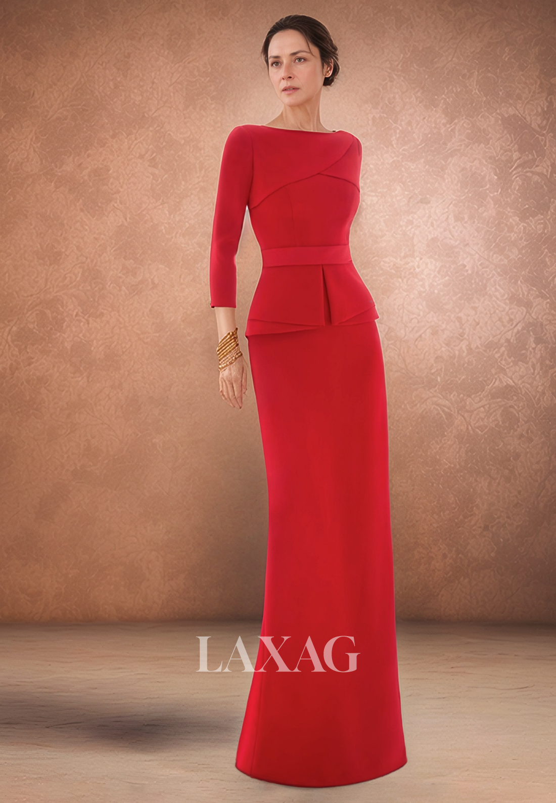 Long-Sleeves Scoop-Neck Mermaid Mother of the Bride Dress Floor-Length Satin Cocktail Gowns