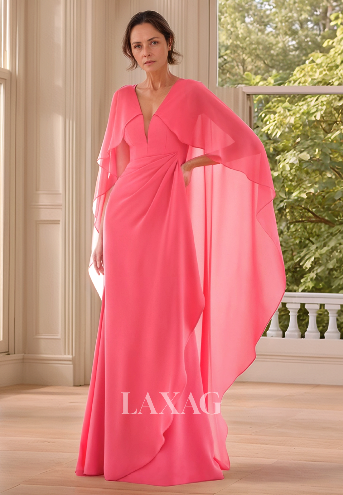 Deep V-Neck Sleeveless Cocktail Gowns Pleated Sweep Train Chiffon Fitted Mother of the Bride Dress
