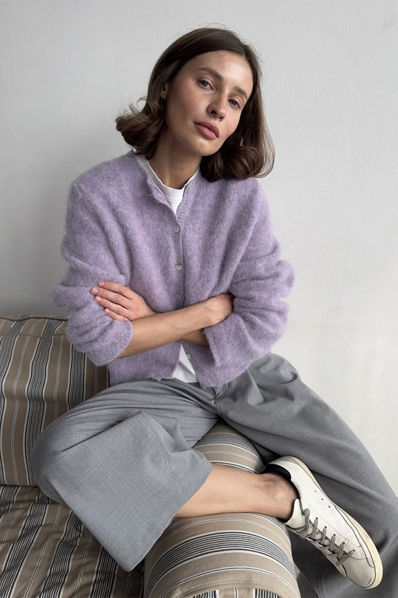 Fuzzy Round Neck Cardigan Knit Top