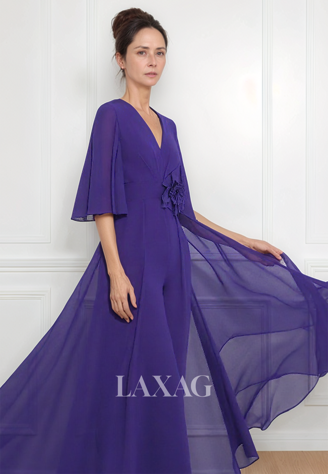 V-Neck Half-Sleeves A-Line Mother of the Bride Gowns Pleated Sweep Train Tulle Cocktail Gowns