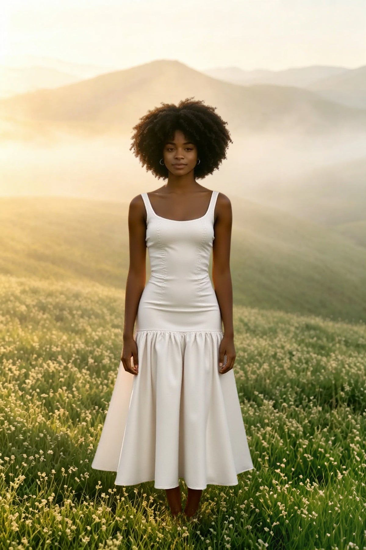 Square-Neck Sleeveless Drop-Waist Flared Midi Dress