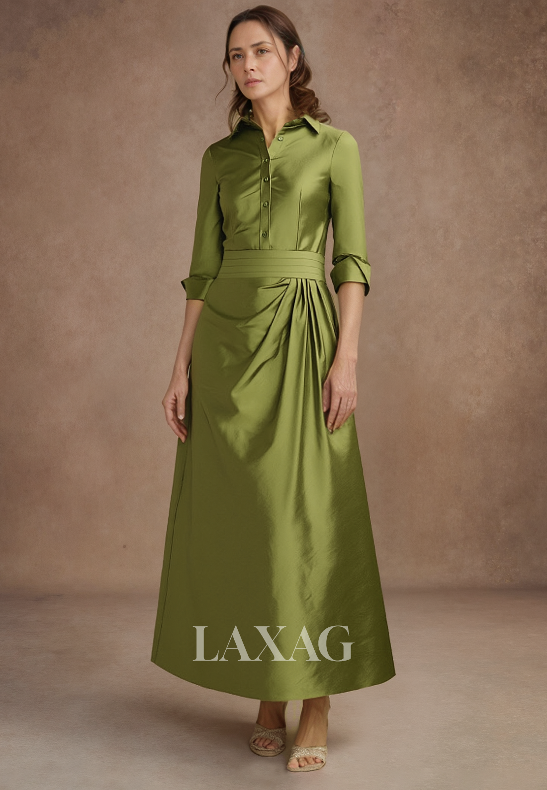 Long-Sleeves Ankle-Length Pleated Satin A-Line Formal Mother of the Bride Gowns